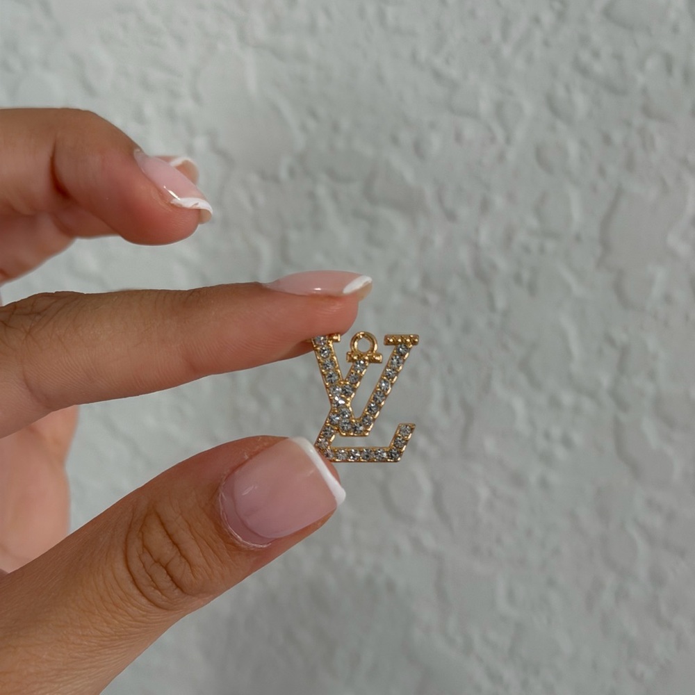 Gold Crystal LV Logo Charm Pendant Necklace Accent